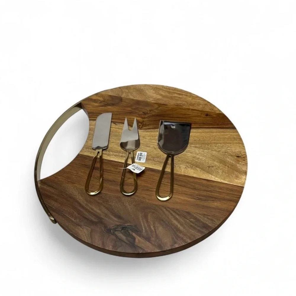 Crate&Barrel Beck Cheese Board and 3 Gold Cheese Knives Set